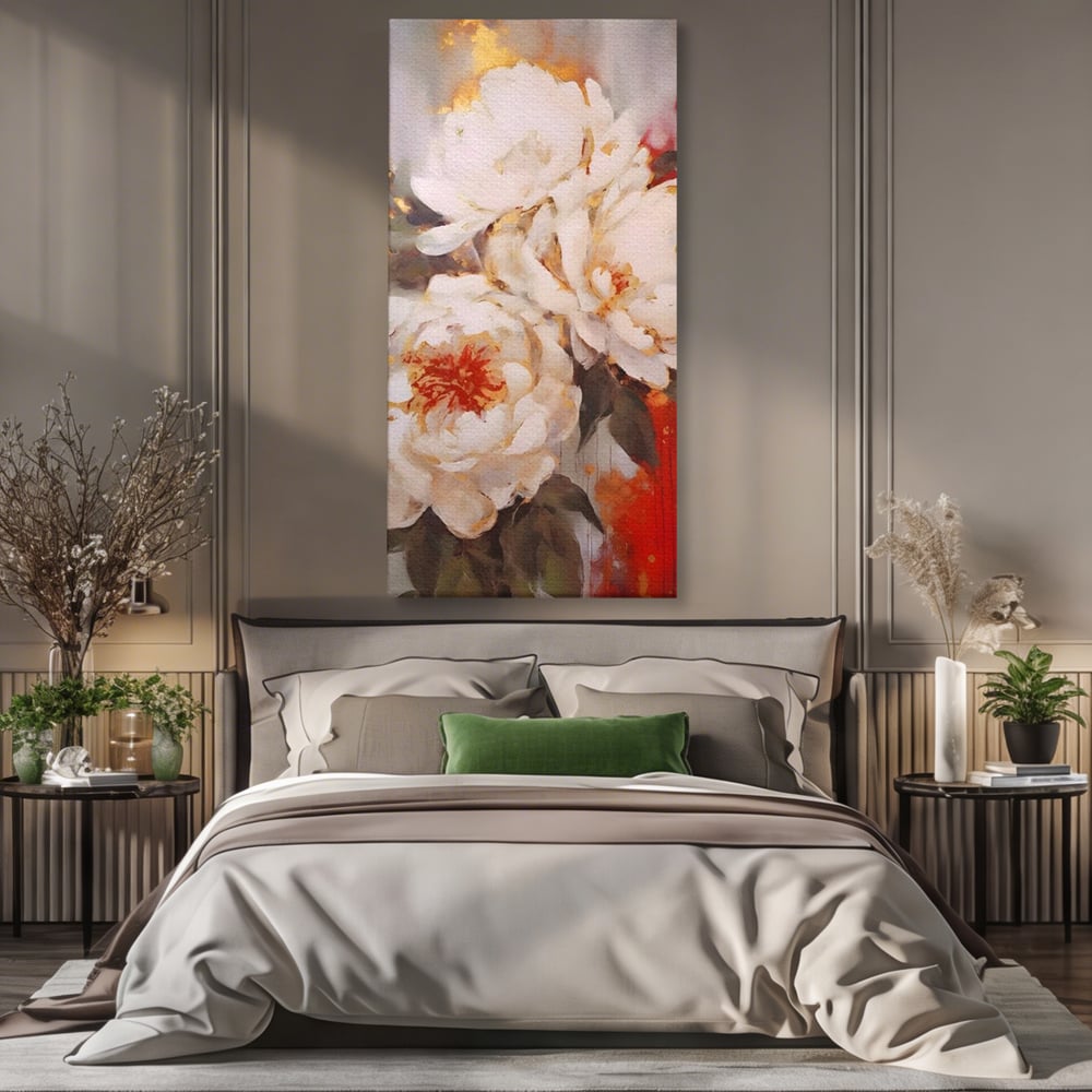 Tablou canvas cu tablou canvas cu bujori albi pictati, fara rama, pe sasiu de lemn, pe perete intr-un dormitor